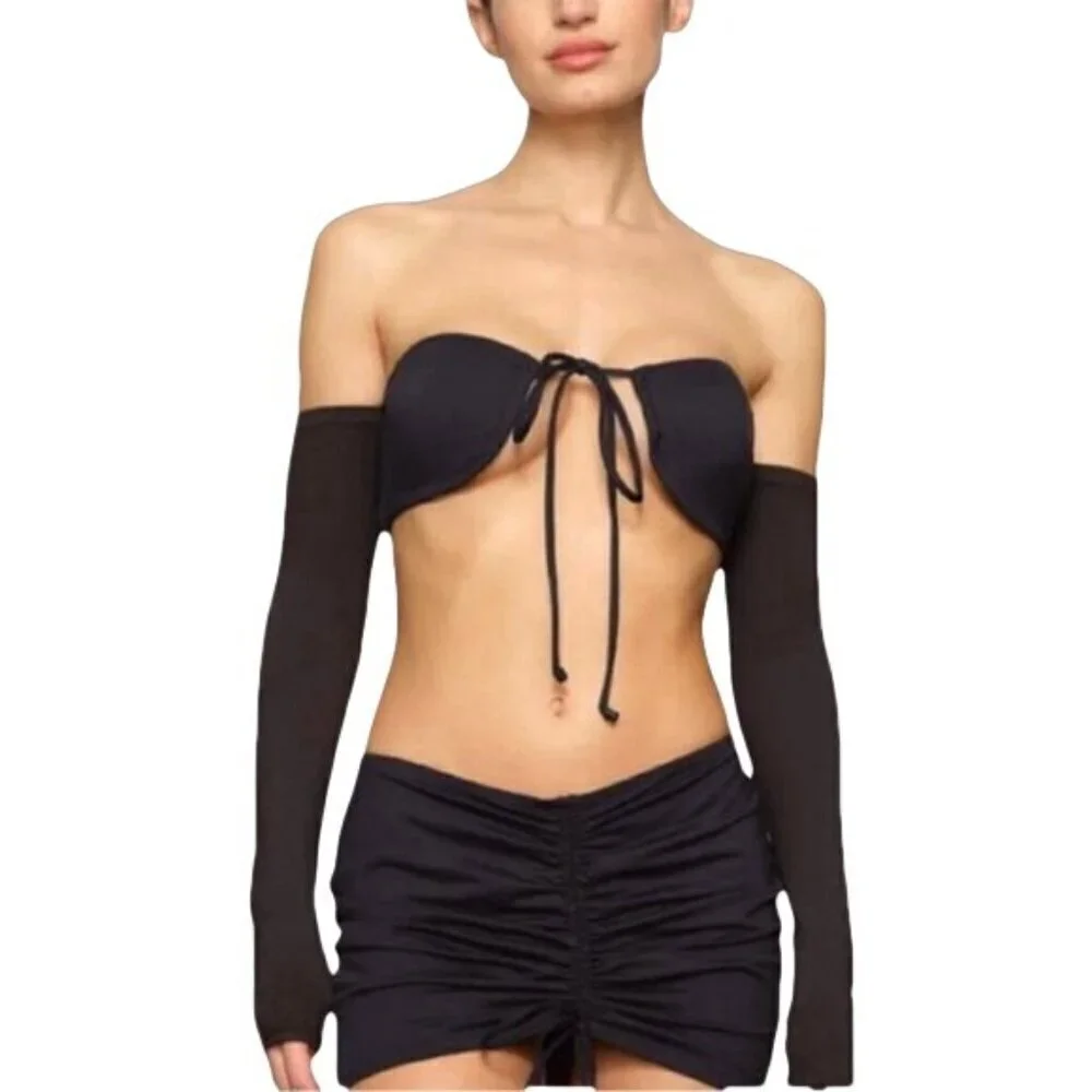 NWT Skims Small Swim Long Sleeve Bikini Top Onyx Black Adjustable Tie Front